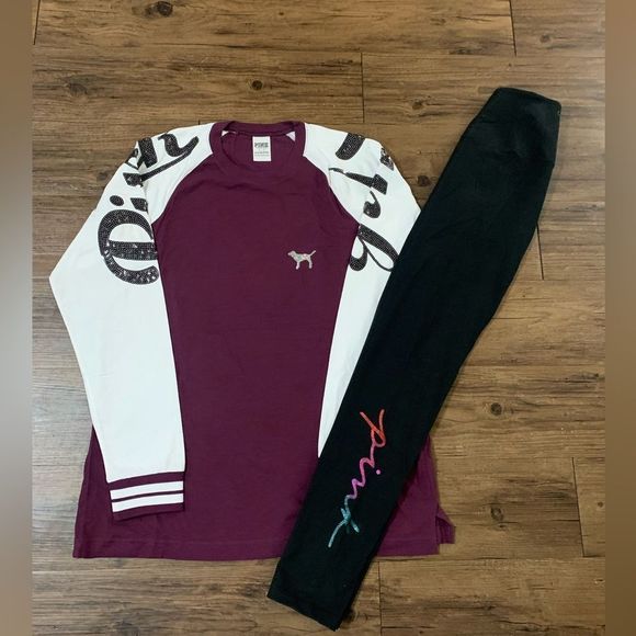 PINK BS BURGANDY BLING TSHIRT/ YOGA LEGGINGS OUTFIT - Picture 1 of 12